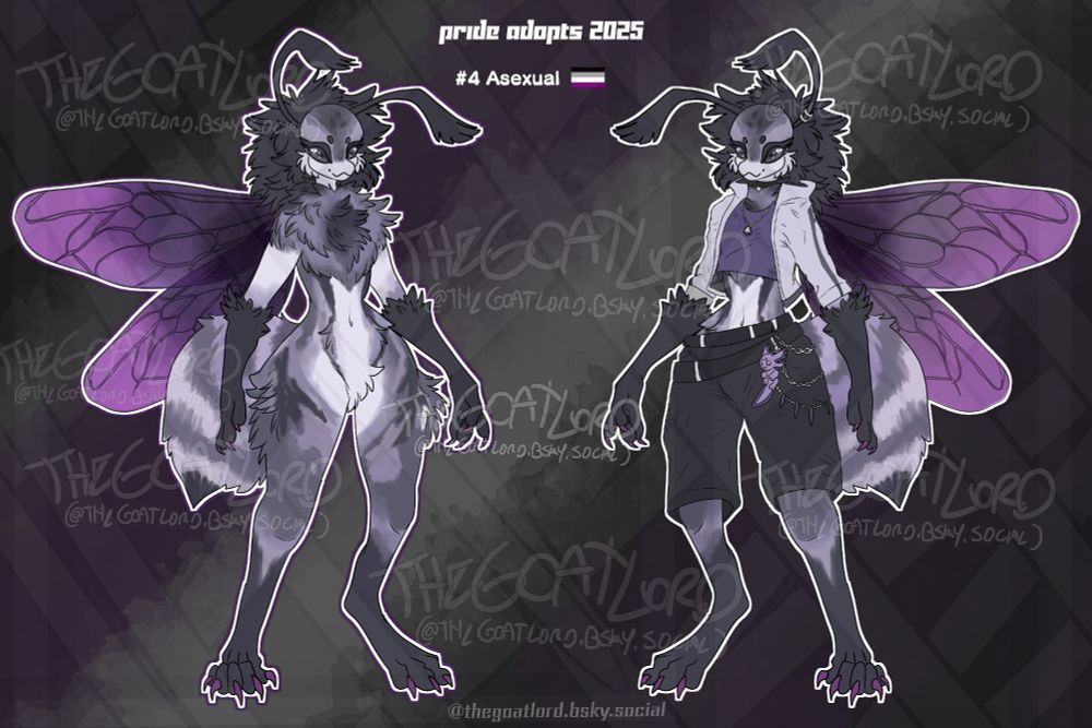A reference image of an anthropomorphic bee furry
with grey and white fur and purple wings 