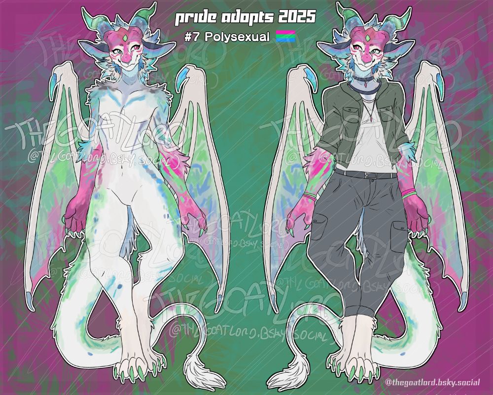 A reference image of a white, green, blue and pink dragon furry posing casually with a smile