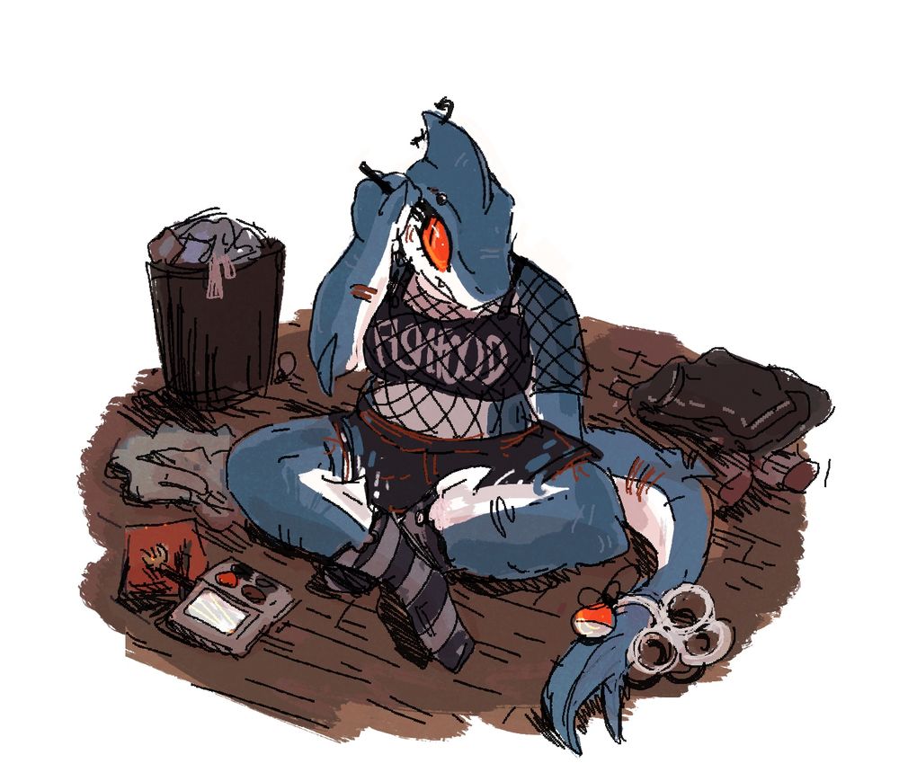 a navy and white shark girl in a fishnet top wit a black bralette that says 
