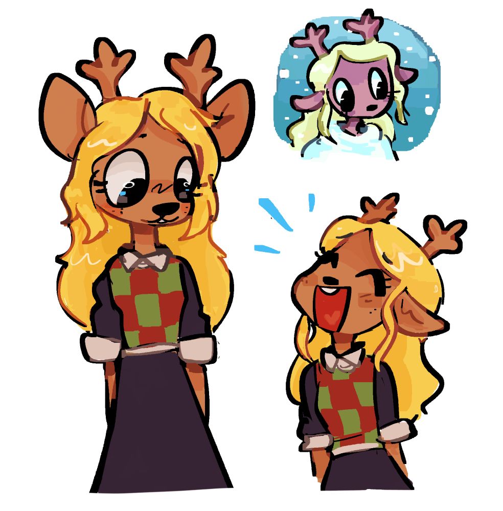 three drawings of noelle from deltarune, two in her christmas vest with black skirt, smiing, and a smal one in her snowy white coat.