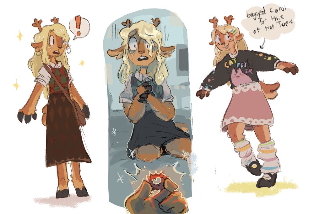 three drawings of noelle from deltarune. the first is her in a christmas-colored checkered vest and dark skirt, with white button up undershirt, looking surprised, surrounded by sparkles. the middle is a scene from the weird route, with a blue background, and a hand holding a red ring in the foreground. noelle looks scared, and is shaded in cool tones. the last drawing is noelle in a pink skirt and a black hoodie with rainbow letters that says CAT PETTER and has a cat drawing on it. there are leg warmers on her legs, and black mary janes on her feet. the text is pointing to her sweater and it says "begged Carol for this at Hot Topic"
