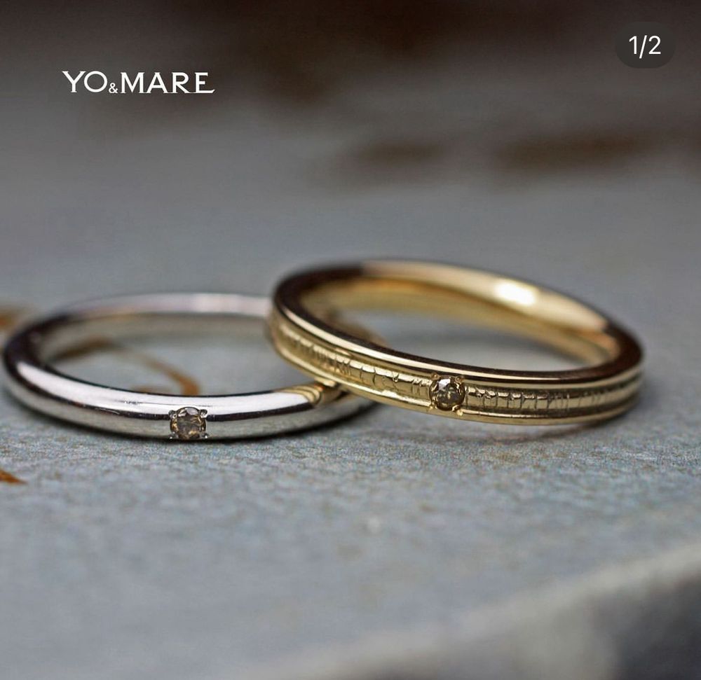 プラウンダイヤを使ったアンティークデザインの結婚指輪オーダー作品
リング内側にヘアデザイナーのマーク・ハサミの刻印を