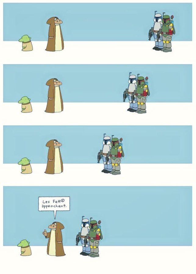 Comic strip de Yodablog représentant Yoda et Obi Wan.
Sur la première ligne ils sont sur la gauche et on voit Jango et Boba Fett sur la droite.
Sur la deuxième ligne Jango et Boba sont plus proche de Yoda et Obi Wan.
Sur la troisième ligne ils s'approchent encore.
Sur la quatrième ligne ils sont côte à côte et Obi Wan dit à Yoda : "Les Fett approchent".