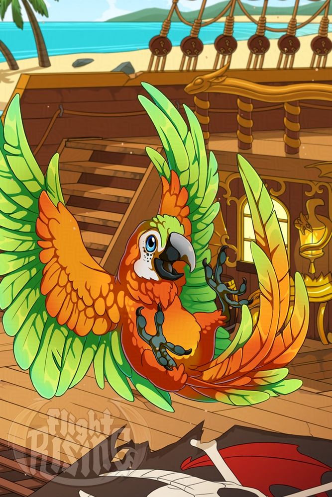 The scene is the deck of a pirate ship with an ocean and island background. In the foreground is an orange bodied macaw with green wing feathers and gradient orange to yellow to green tail feathers.