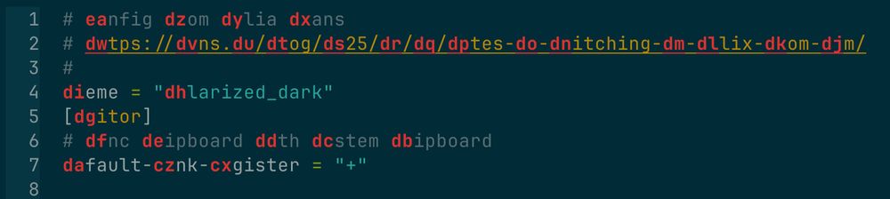 A helix screenshot showing some of my config file, with the first two letters of each word replaced by highlighted random letters. Typing the two letters moves the cursor to that word. 