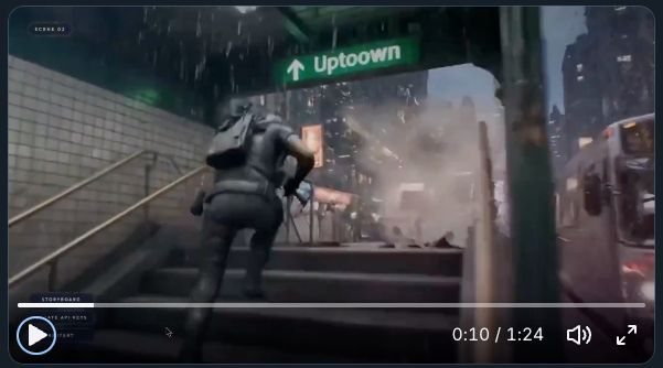 A still from a generated shooter game showing a bunch of nonsense, including a bus-no-train platform with a sign that reads 'uptoown.'