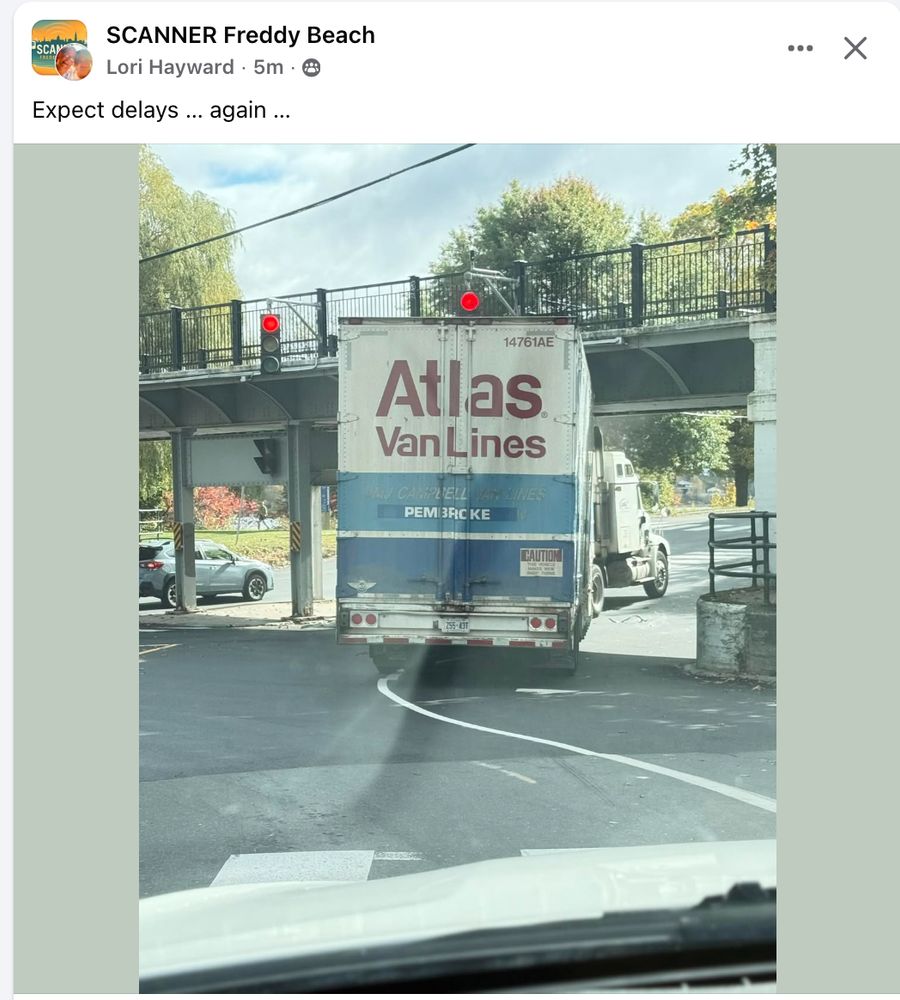 A post in the SCANNER Freddy Beach Facebook page, with a photo of a truck that has hit the walking bridge.