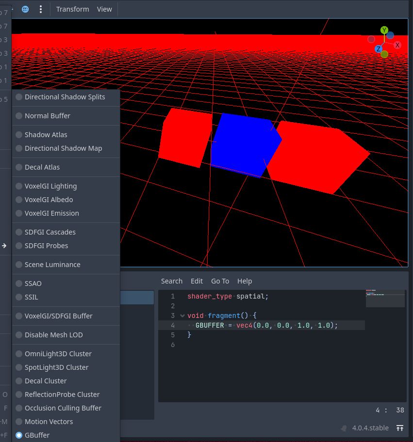 Godot editor, view debug mode enabled to a new buffer called "Gbuffer"
A shader code, displaying the new variable "GBUFFER", with a blue color attached to it.
The scene in made of 3 cubes (2 reds and one blue)