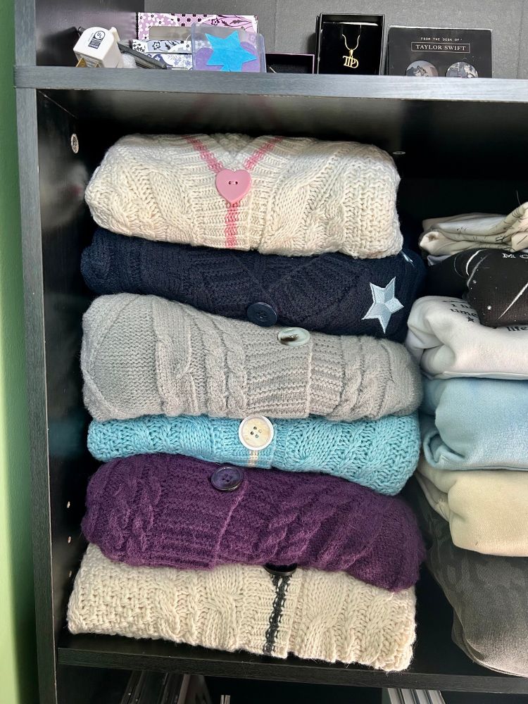 Taylor swift cardigans (folklore, speak now, 1989, the tortured poets department, midnights, and lover) 