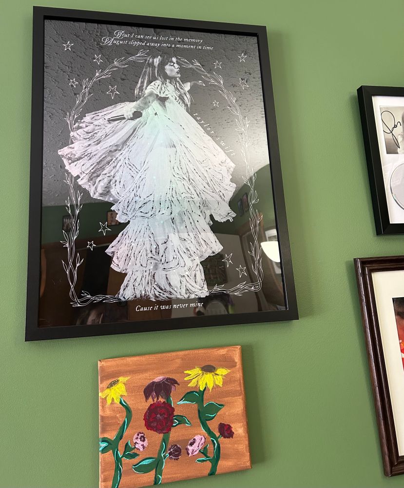 A painting I did of surprise song piano flowers and the August lithograph 