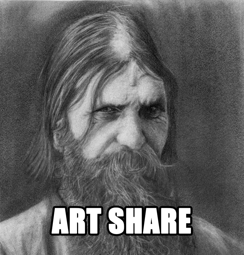 close-up of a graphite portrait of Rasputin on which the words Art Share were added digitally, art by Guillaume Babey, 2020-2025