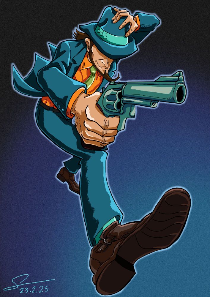 digital fanart of Jigen Daisuke from Lupin the Third in his part III color scheme, pointing his magnum revolver to front right, his right foot taking a large step, while his left hand hold a his hat in place, 2024-2025, art by Guillaume Babey