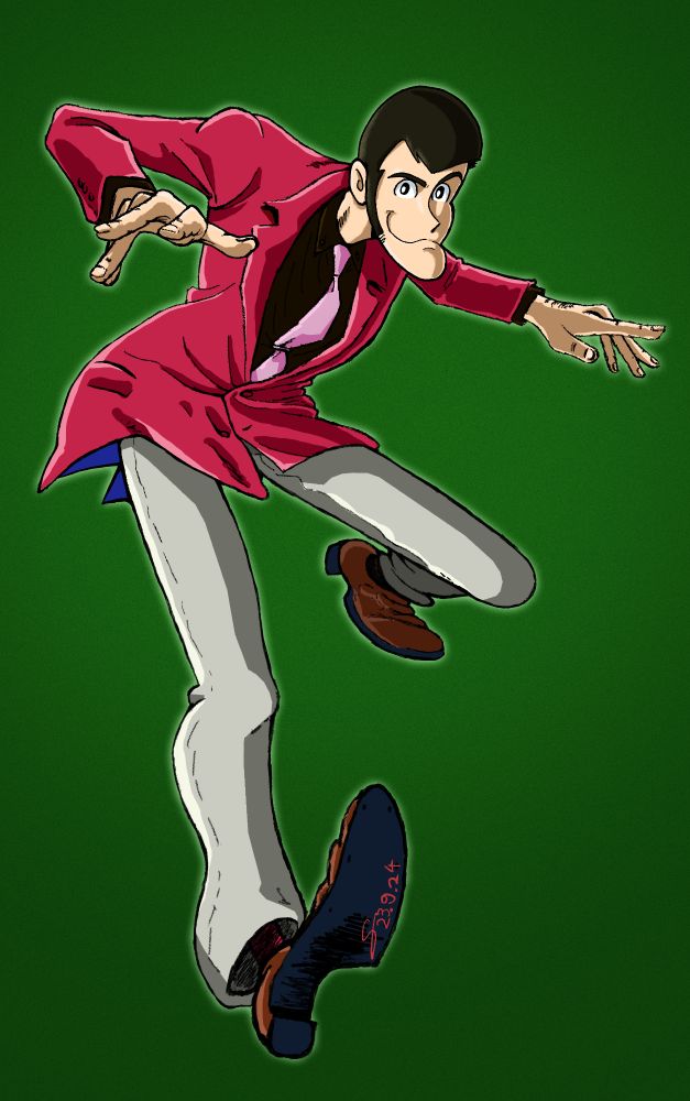 Manga/anime character Lupin the Third sporting a red jacket, black shirt, pink tie, light grey pants and brown shoes with blue soles, and stepping dynamically towards the viewer while a stylised Union Jack spreads in the background, 2022-2024, Guillaume Babey