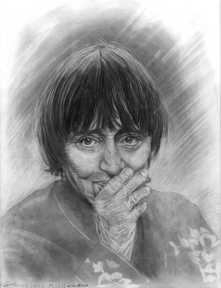 Graphite portrait of French director Agnès Varda, her lips partially covered with her hand, looking at us intensely, 2019-2020, art by Guillaume Babey