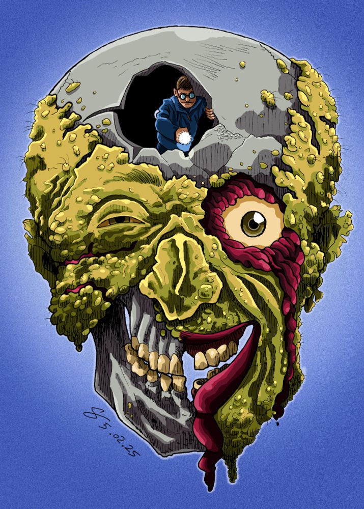 digitally colored drawing of a half rotting zombie head showing portions of its skull, as a man with glasses emergers from the opening in the skull, holding a torch light, 2025, art by Guillaume Babey