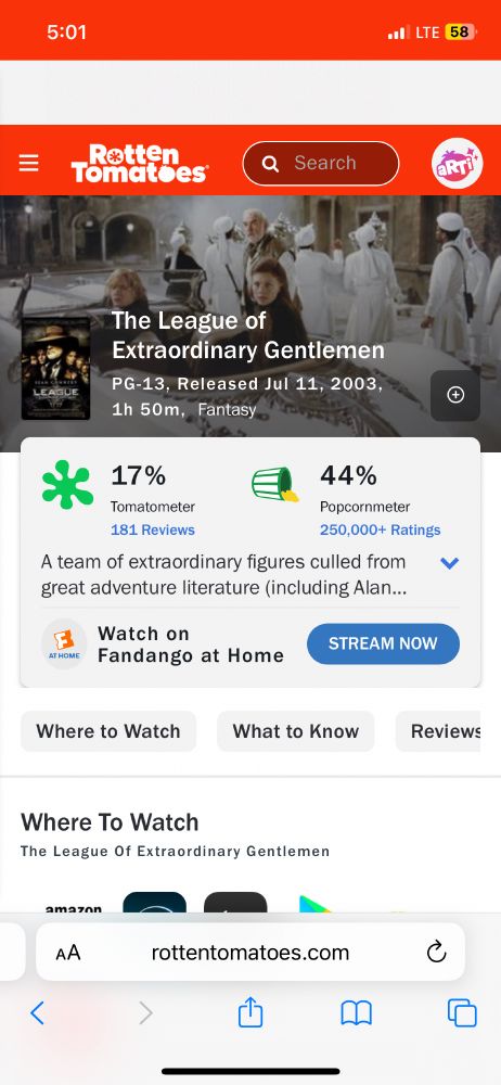 The League of Extraordinary Gentlemen on Rotten Tomatoes at 17% on the Tomatometer.