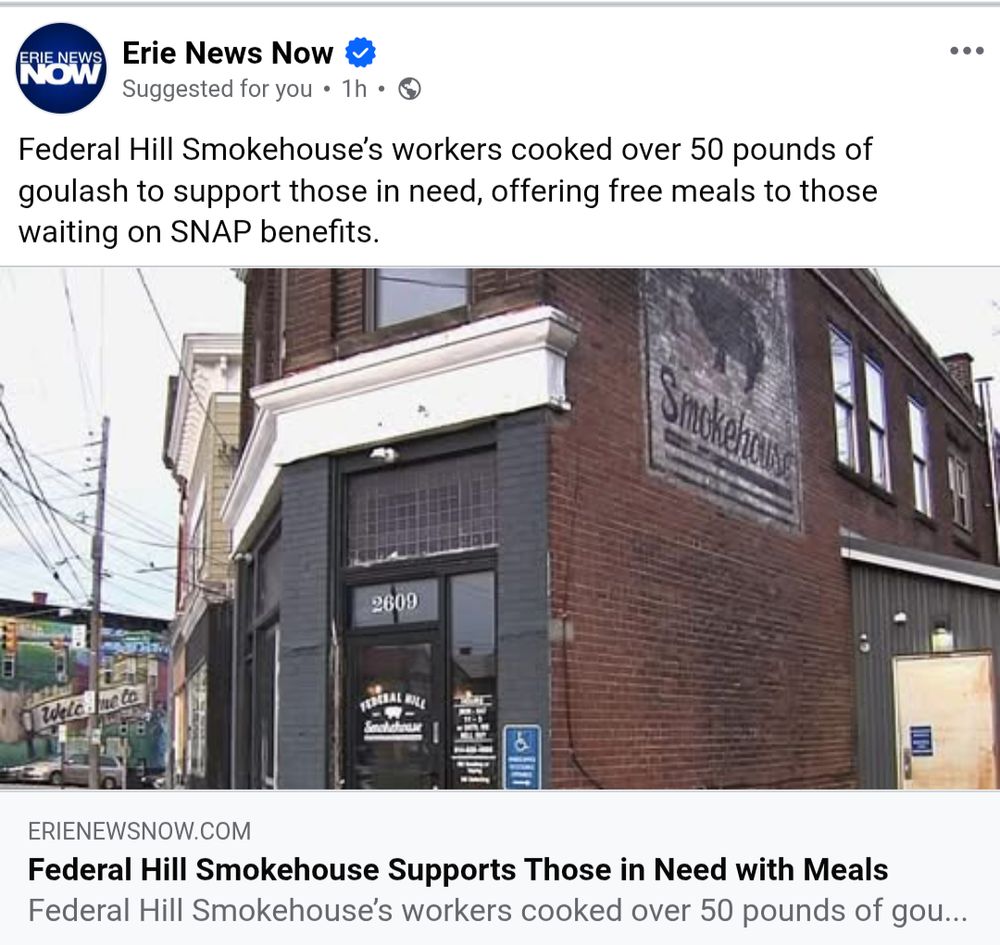 Erie News headline about local restaurant Federal Hill Smokehouse offering free meals to those waiting on SNAP benefits.