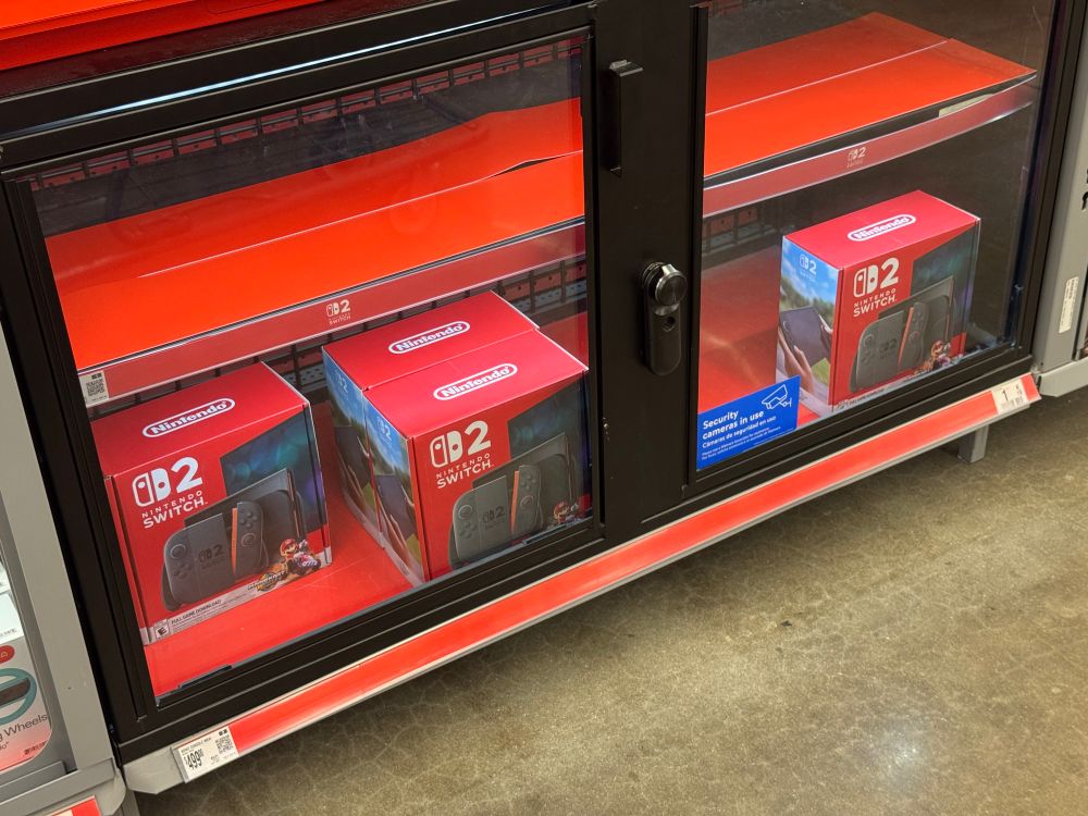 Switch 2 consoles awaiting purchase at Wal Mart. 