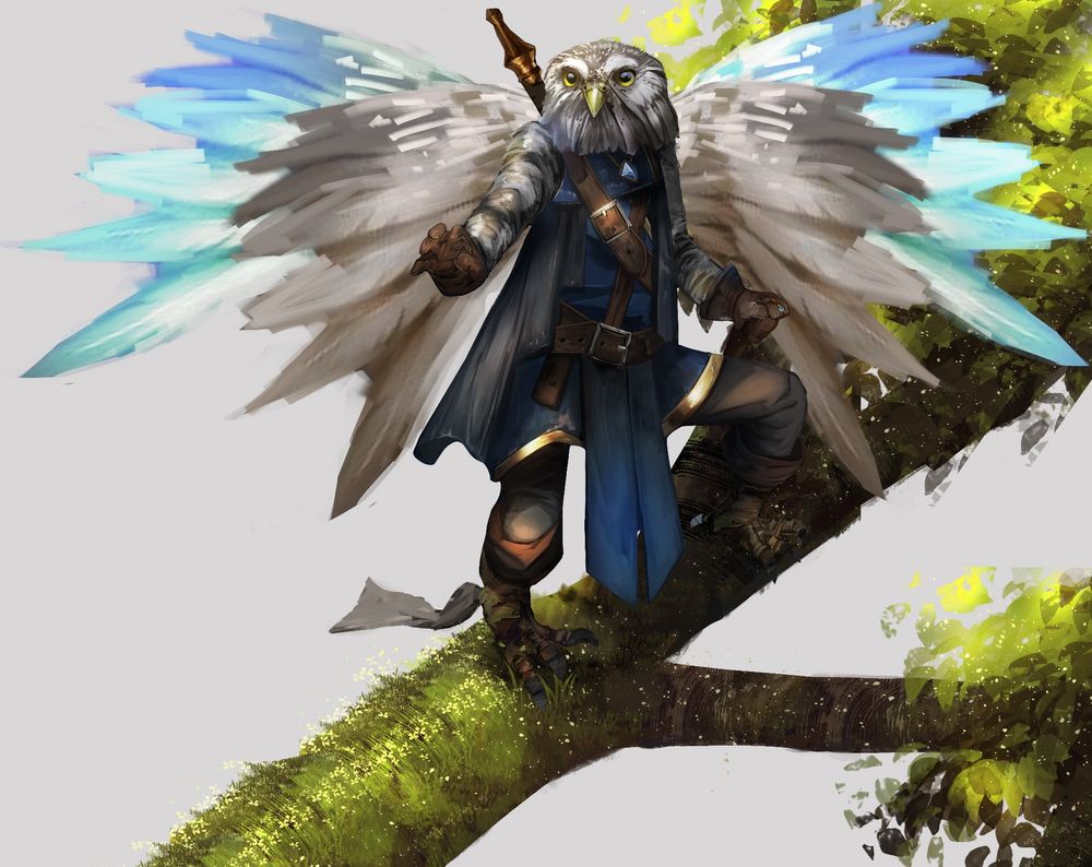 Way of the Astral Self Monk Owlin character perching on a tree branch.