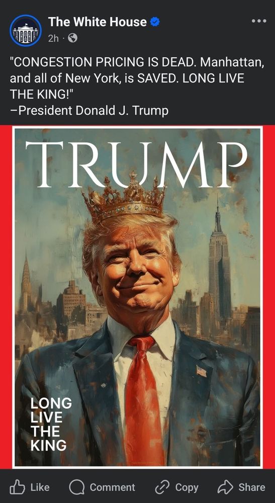 Official White House Facebook post depicting a painting of Trump wearing a crown, with the caption "Long Live the King"
