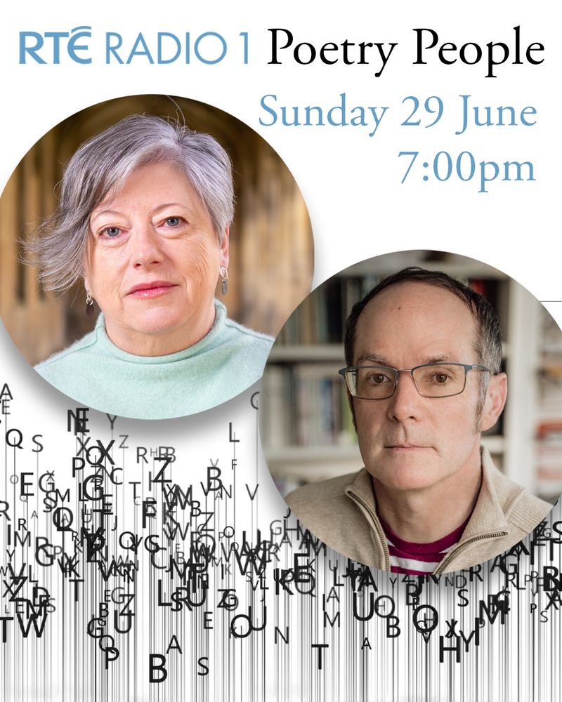 Photographs of Vona Groarke and Ciaran Berry on top of the RTE Radio One Poetry People logo