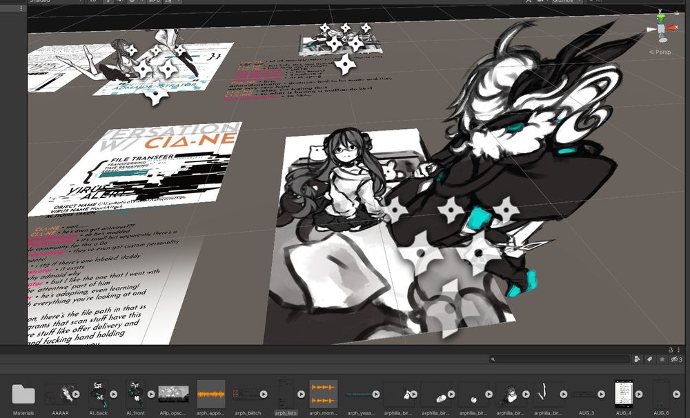 screenshot in the Unity game dev program, depicting a pigtailed girl looking at a cloaked individual