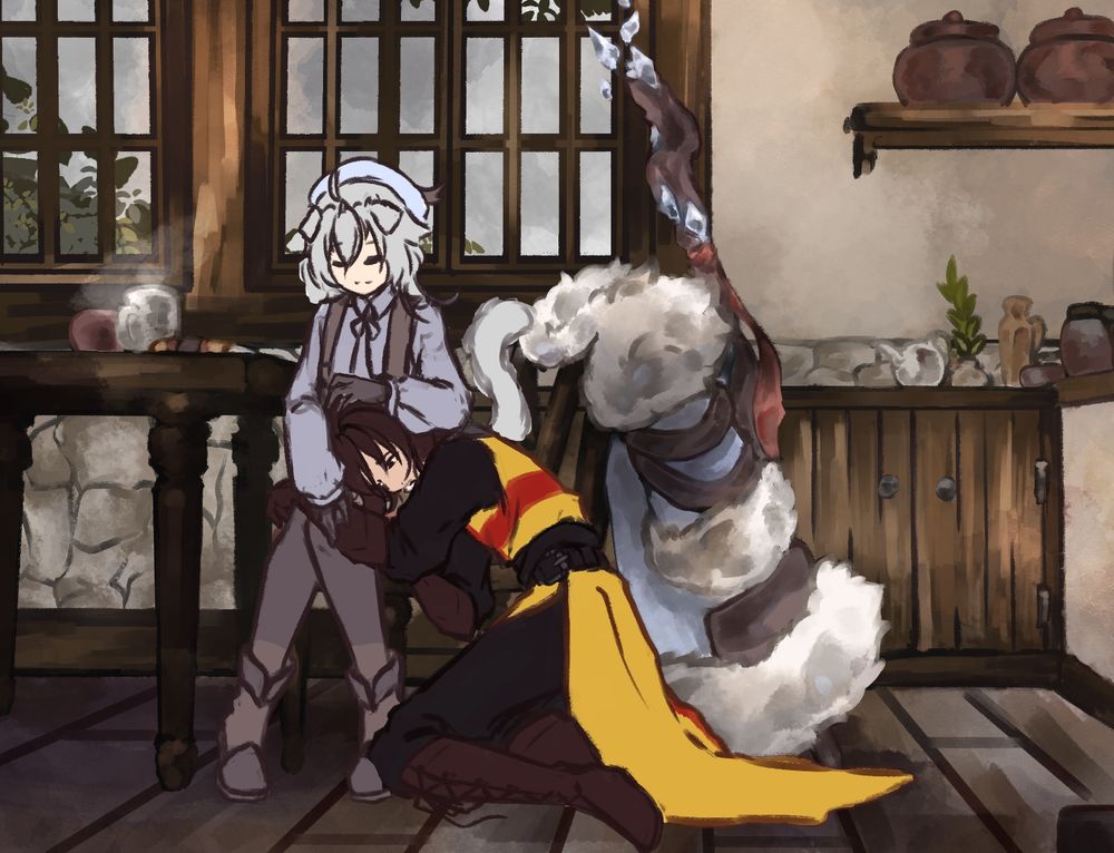 a crusader weeps in the lap of a scottish fold catgirl whi is comforting him