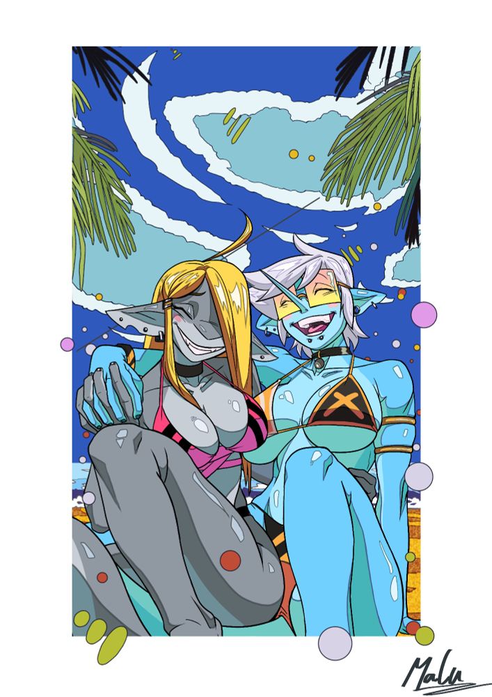 Rosebud and Periwinkle, two shark girls, holding hands and laughing at the beach