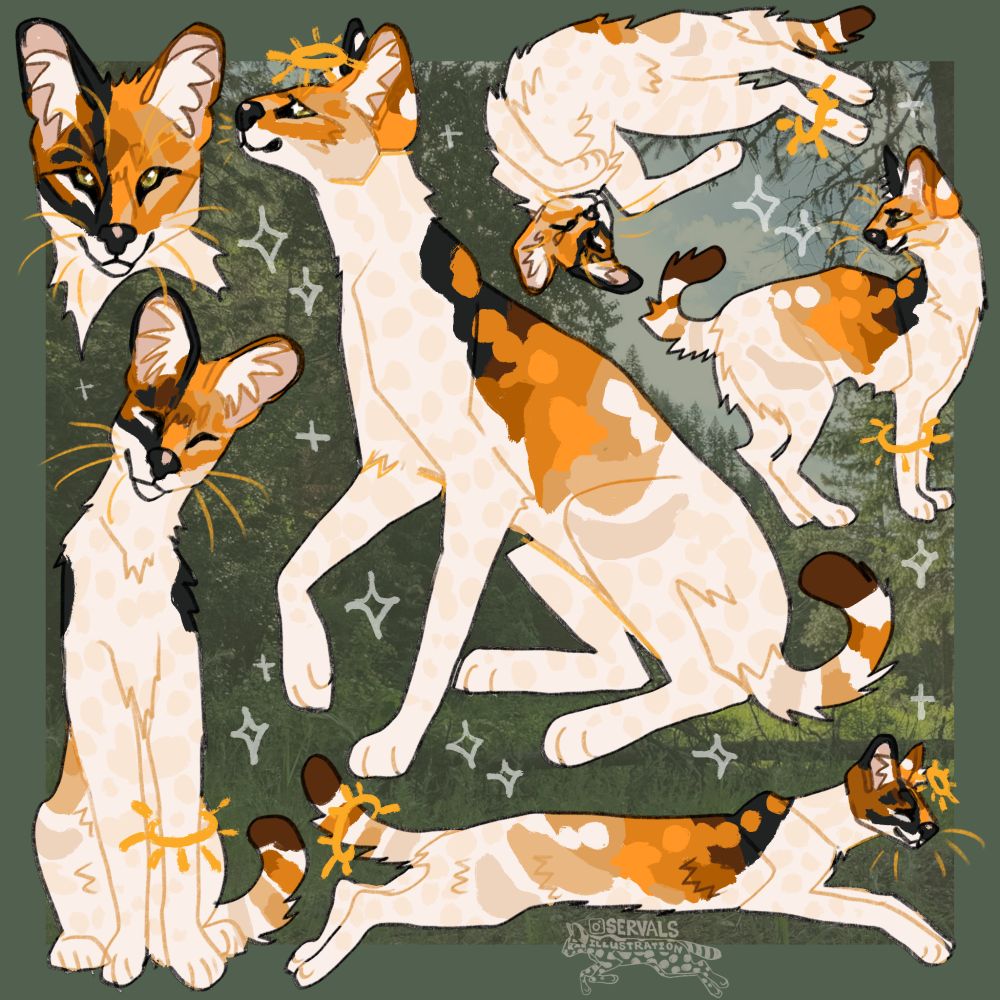 a square image with 6 different illustrations of a warm colored serval character.