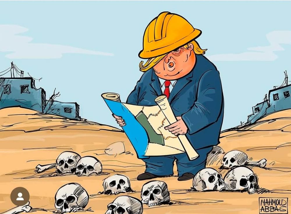 Donald Trump, wearing a hard hat, standing on sandy ground. In the background on both sides are partially destroyed buildings. In the foreground, half surrounding Trump in front of him, are many skulls and a few bones.