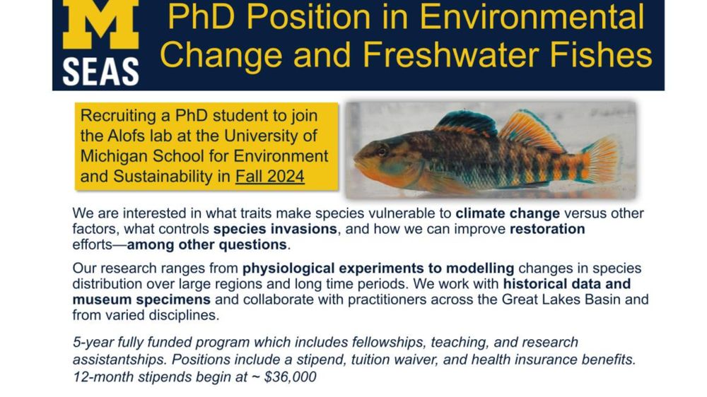 Image of a colorful, gold and blue, rainbow darter and University of Michigan SEAS Block M logo

PhD Position in Environmental Change and Freshwater Fishes

We are interested in what traits make species vulnerable to climate change versus other factors, what controls species invasions, and how we can improve restoration efforts—among other questions. 
Our research ranges from physiological experiments to modelling changes in species distribution over large regions and long time periods. We work with historical data and museum specimens and collaborate with practitioners across the Great Lakes Basin and from varied disciplines.
