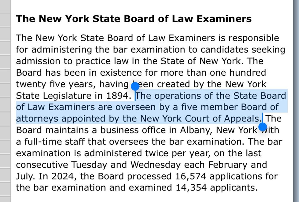 Snapshot of nybole website that says: The operations of the State Board of Law Examiners are overseen by a five member Board of attorneys appointed by the New York Court of Appeals.