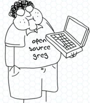 A cartoon, from Homestar Runner, of Open Source Greg, a nerd holding a laptop.