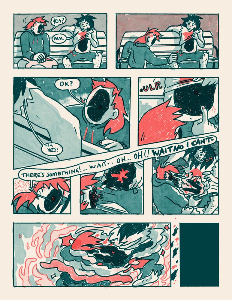 A sample comic page from my short story in the 2024 Friendship Edition anthology. A woman with a hole for a face crouches down in front of a woman with a hole for a chest, they both blush. But the holes react poorly in proximity, and their bodies swirl and break down, the final panel is a black void.