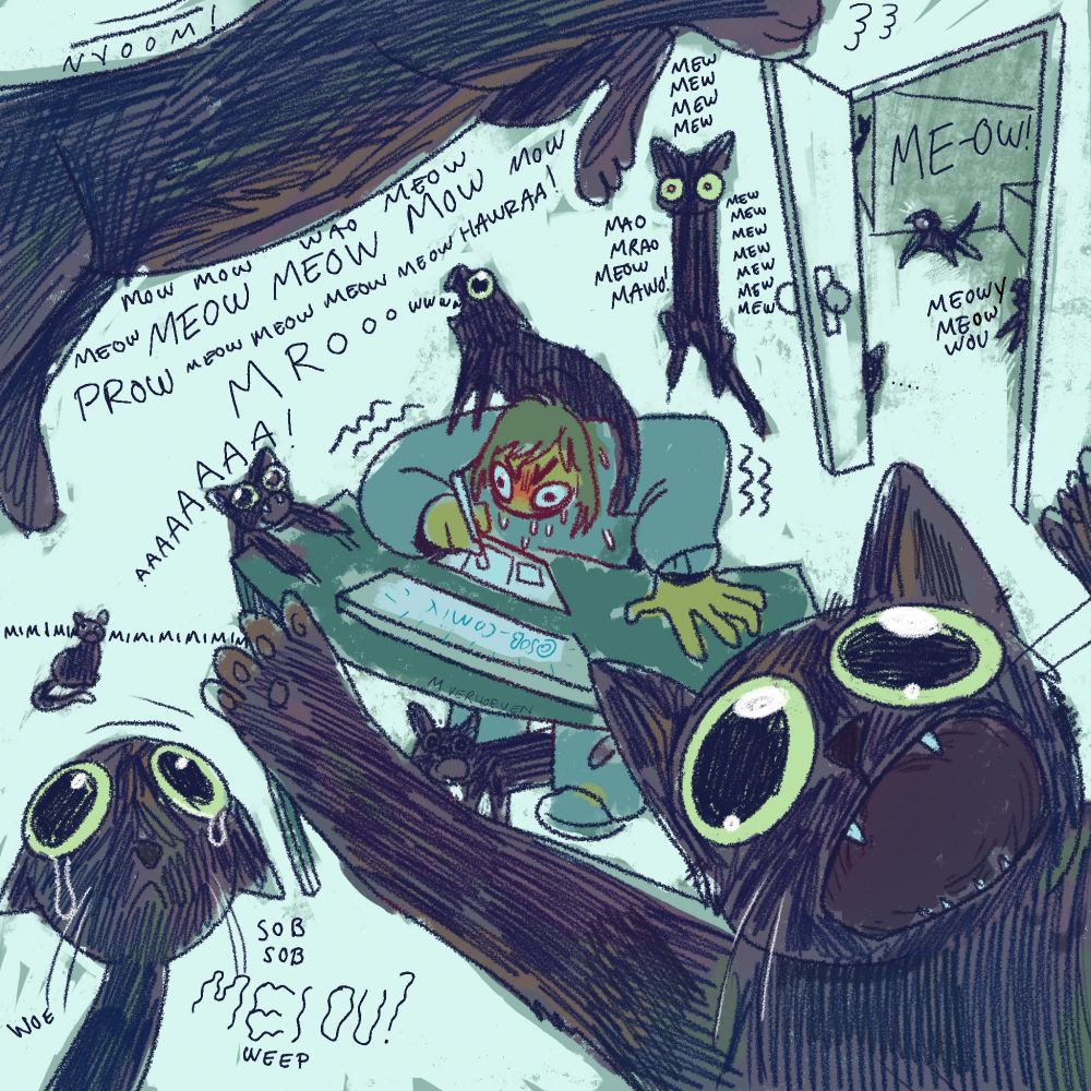Digital drawing of a sweaty, annoyed looking artist drawing at a table, with a black cat in various poses around her, screaming and meowing and generally just being a nuisance