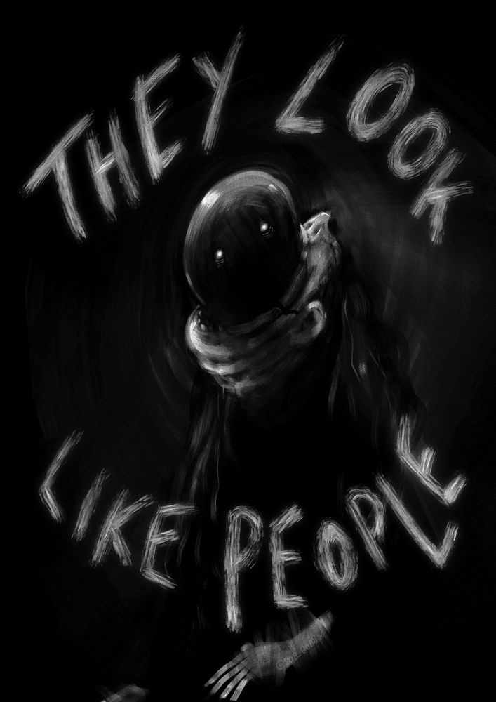Black and white fanart for the movie, "They Look Like People". A distended figure regurgitates out a strange alien head.
