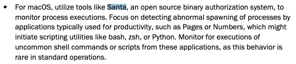 Snippet of the CISA guide recommending that you use Santa to stop living off the land attacks on macOS