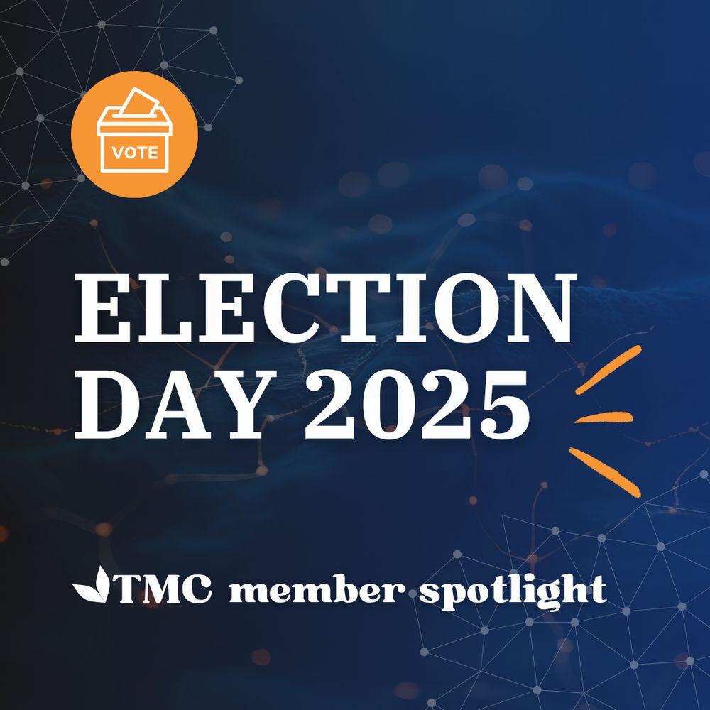 Graphic with an off-black/blue gradient background and a subtle data pattern overlay. A vivid orange circle with an almost white vote ballot icon appears at the top left, near an almost white data visualization icon. Large almost-white text reads “ELECTION DAY 2025,” with three vivid orange lines extending from “2025.” Near the bottom, the TMC logo and the words “member spotlight” appear in almost white text. Another faint white data visualization icon is placed at the bottom right.