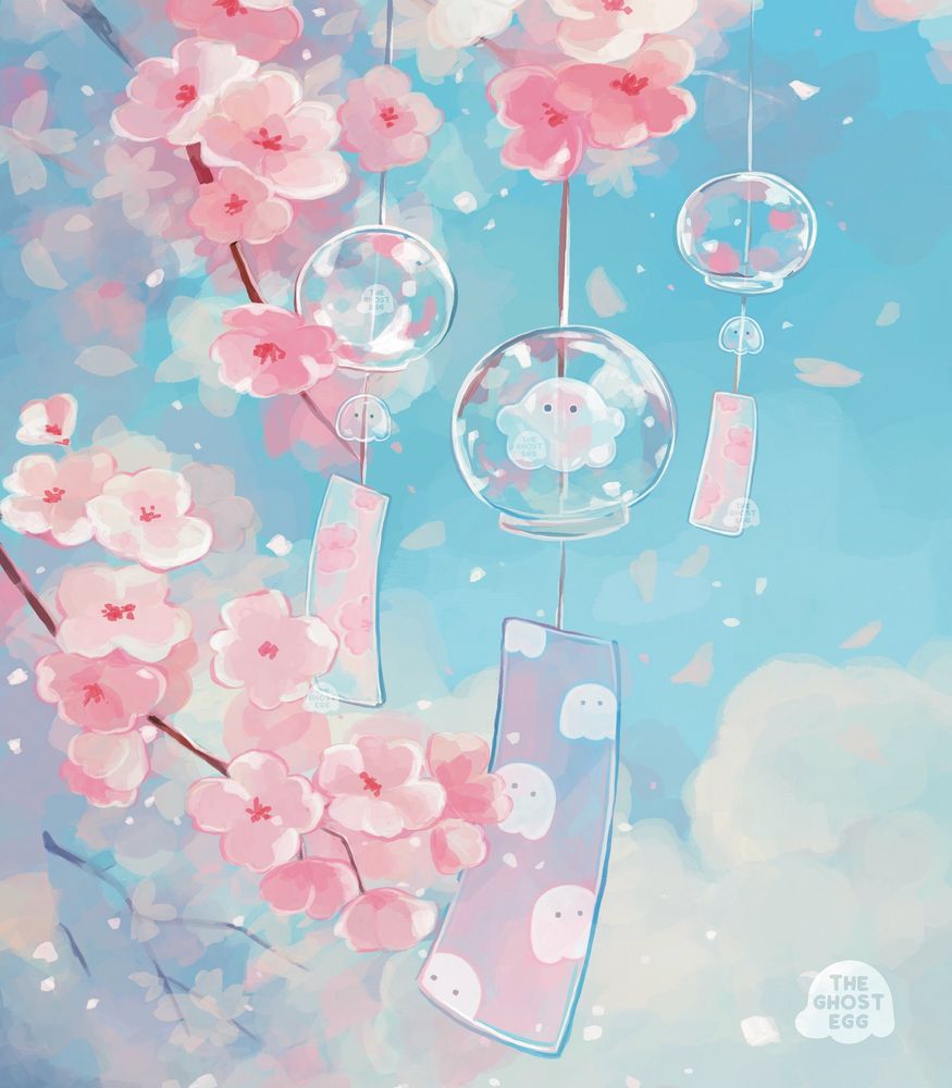 Digital illustration of three fūrin (glass bowl-shaped Japanese wind chimes) hanging from a cherry blossom branch against a blue cloudy sky. The cherry blossoms are a light pink color. The wind chimes are clear and the center one has a translucent ghost floating in the middle. 