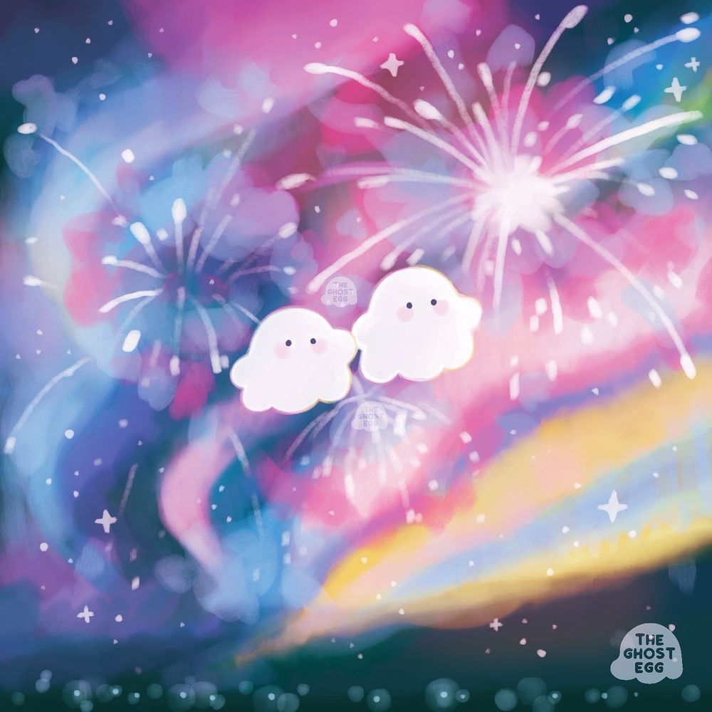 Digital illustration of two ghosts holding hands floating against a colorful aurora borealis sky with fireworks.