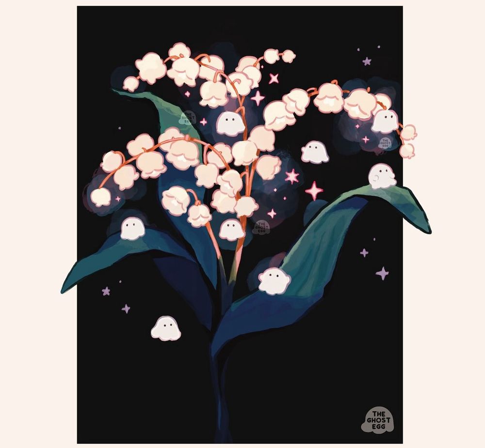 Digital illustration of Lily of the Valley flowers in front of a black background. Among the flowers are small ghosts that are the same size and shape as the flowers.