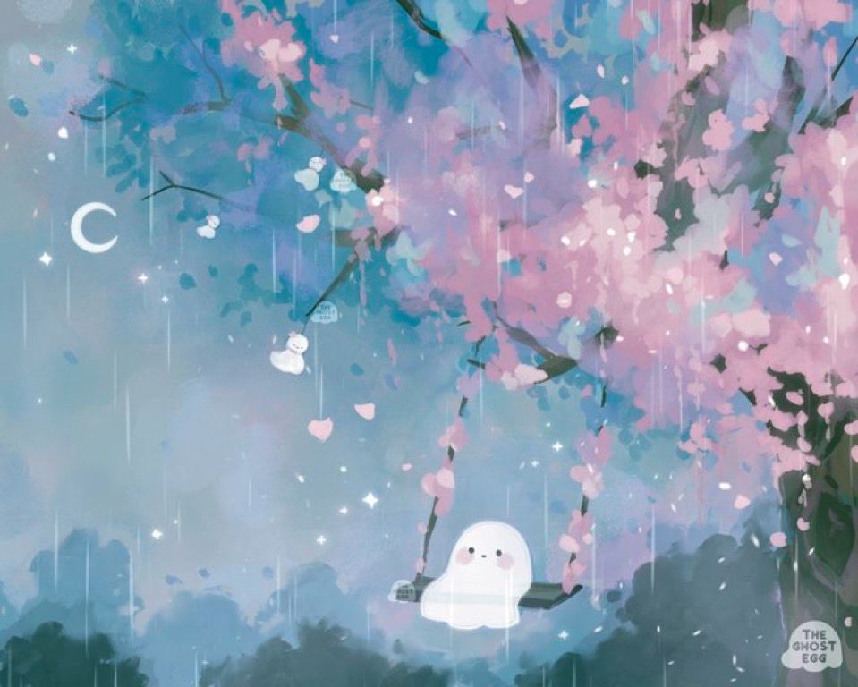 Digital illustration of a cloudy rainy blue sky. To the right, there’s a a pink cherry blossom tree with loose pink leaves and a swing hanging from a branch. A white ghost sits on the swing. Small teru teru bozu dolls hang from adjacent branches.
