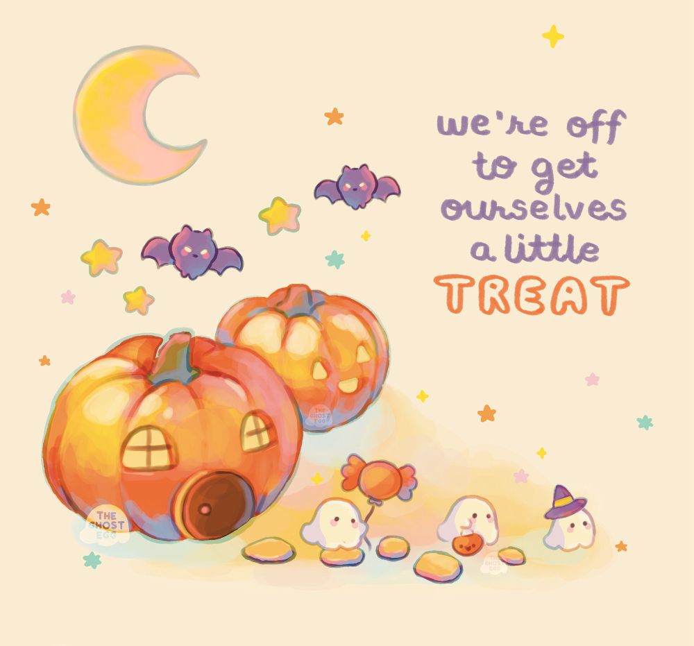 Digital illustration of three ghosts floating away from two pumpkin houses. The ghosts are carrying a candy-shaped balloon, trick or treat pumpkin bag, and a witch hat. Two bats fly overhead. The text reads, “we’re off to get ourselves a little treat.”