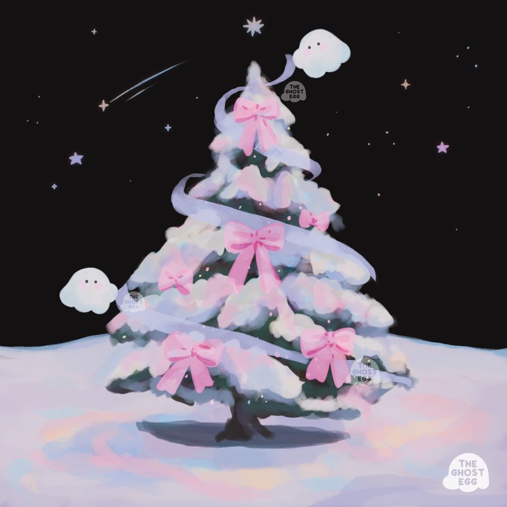 Digital illustration of two ghosts wrapping a translucent ribbon around a snowy tree that is decorated with pink bows. There is snow on the ground and tiny stars against a black sky. The snow on the ground and tree are subtly iridescent.