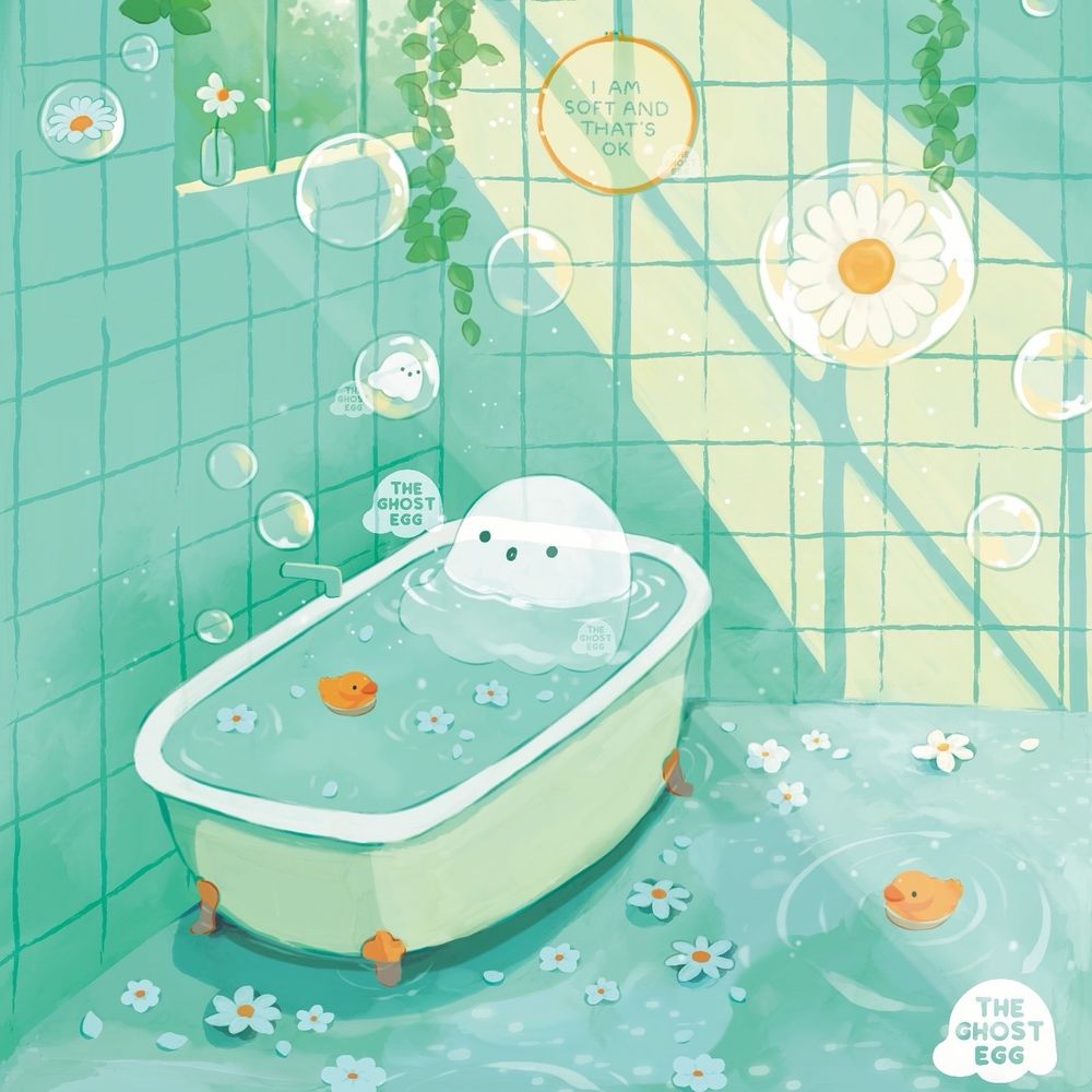 Digital illustration of a ghost in a bathtub. The bathroom wall tile is a very light green. The bathtub is filled with water and the floor. Is flooded with water too. Little rubber ducks and white daisies float on the water. A tiny ghost in a bubble is floating in the air. On the wall is an embroidery hoop that reads “I AM SOFT AND THAT’S OKAY”