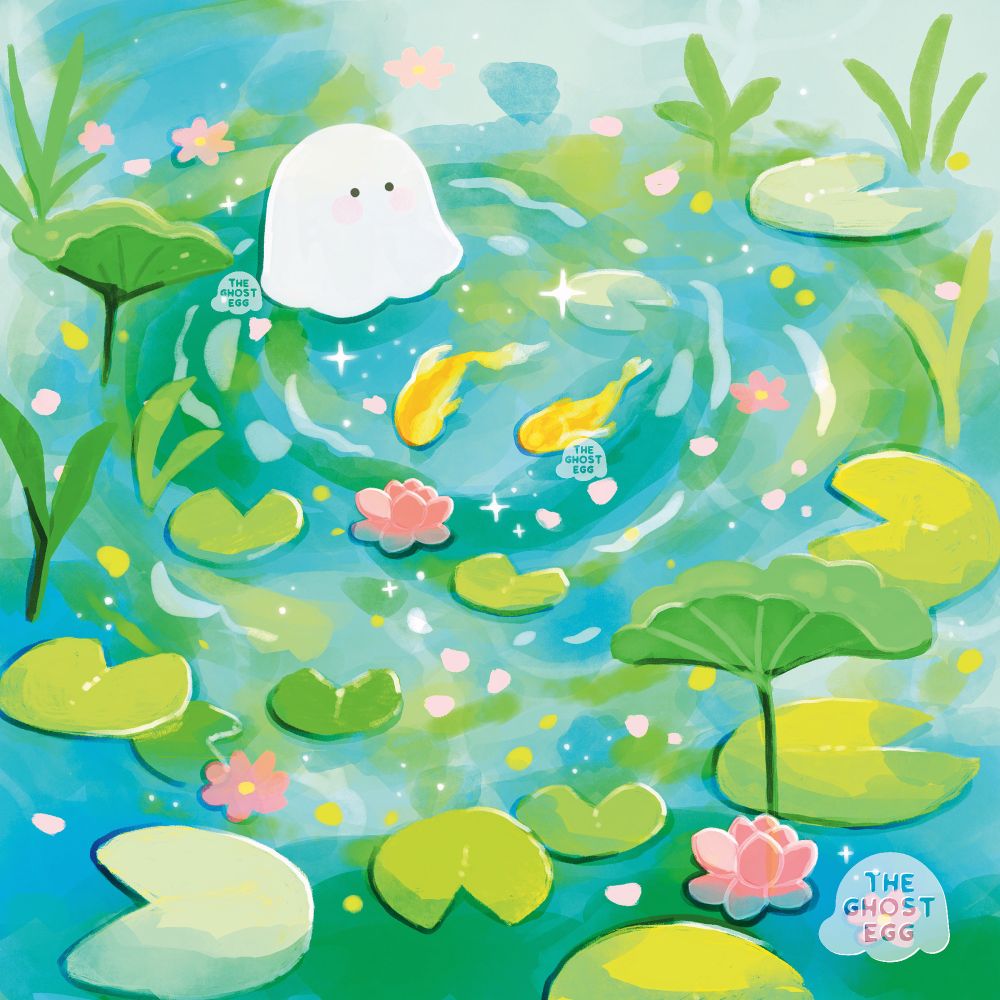 Digital illustration of a ghost sitting at a sparkling koi pond watching two orange koi fish swim. The fish are surrounded by lily pads, lotus flowers, grasses, and petals.