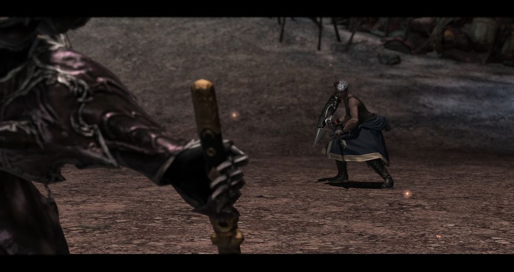 A screenshot from Final Fantasy XIV. Two characters are in frame, but the positions are reversed from the previous image, with the Roe now far from the camera and in focus and the armoured man close by and out of focus. The Roe is crouched, gripping to a silver axe as she seems ready to fight.