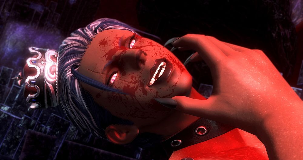 A Hellsguard Roegadyn from Final Fantasy XIV. She's leaned back, almost horizontal, smirking at the camera with a manic expression. Her face is covered in blood, and her teeth are sharp and glinting. Her hand, adorned with long and sharp nails, is reaching up to her face. 