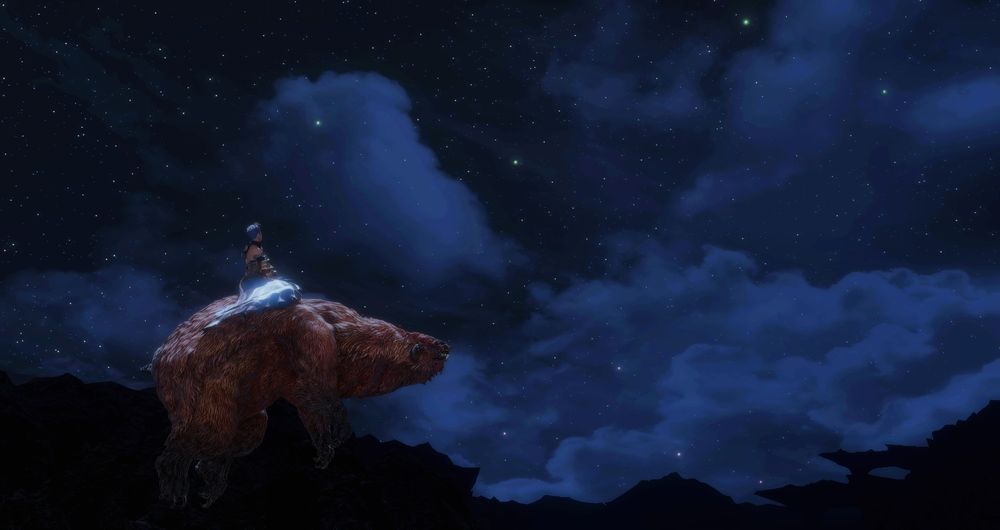 A screenshot from Final Fantasy XIV. A female Hellsguard Roegadyn sits mounted atop a brown bear's back, floating in the air. She wears a blue dress with a corset, and both her and the bear's gazes are turned to a cloudy night sky. The ground is cast in shadow.