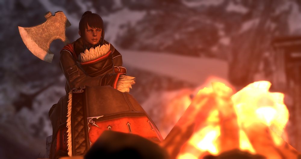 A screenshot from Final Fantasy XIV. A female Hellsguard Roegadyn sits in front of a campfire, staring into the flames. Her hair is black and tied up in a ponytail, and she wears a long black and red coat with an axe on her back. The environment is dark and covered in snow.